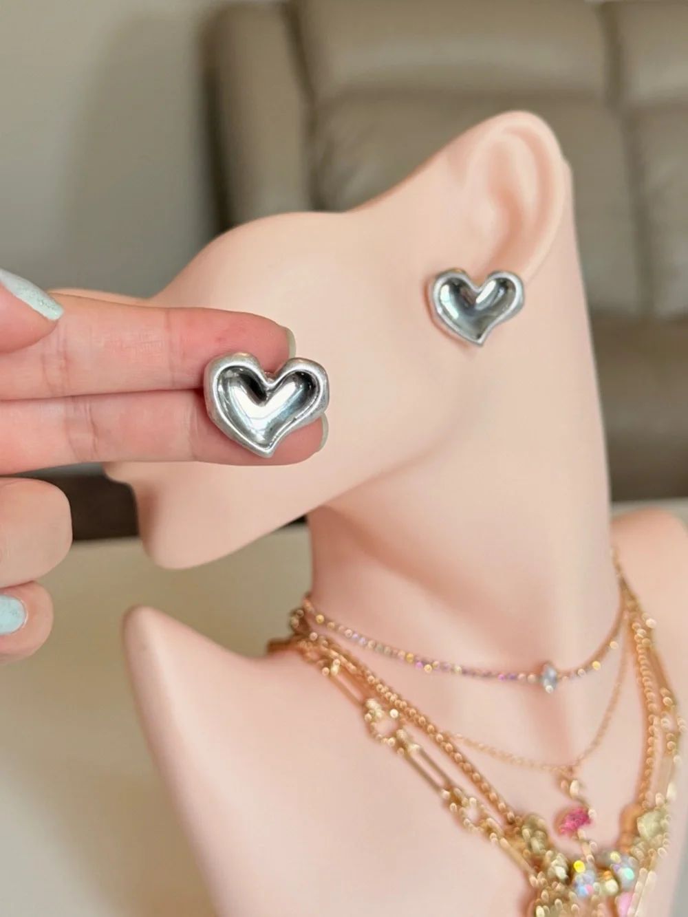 Silver Heart Stud Earrings - Picture 4 of 14